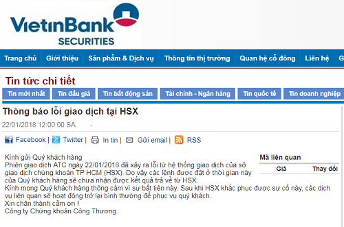 VietinBankSc cho biết các lệnh đặt trong thời gian bị lỗi của khách hàng sẽ không nhận được kết quả.