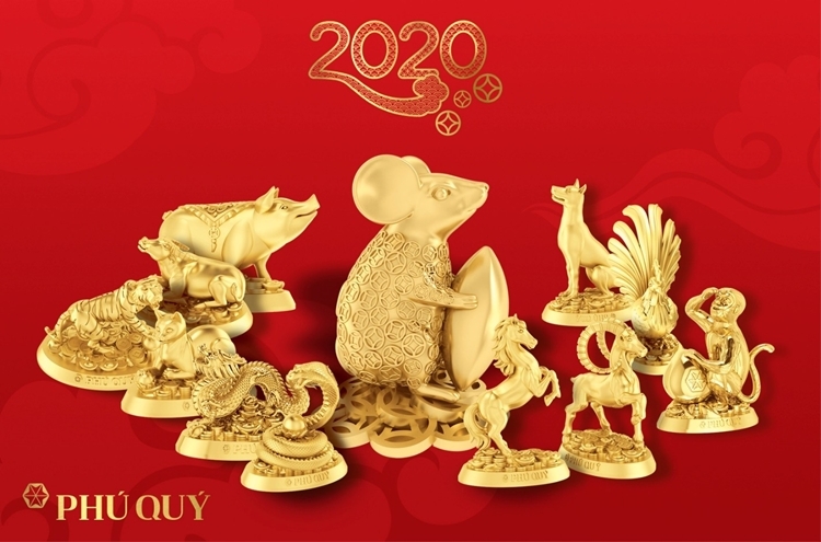 Bộ tượng 12 con giáp vàng 24k Phú Quý tinh xảo