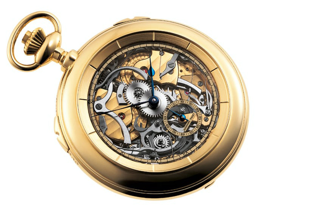 Đồng hồ bỏ túi Grande Sonnerie bằng vàng với mặt số và mặt sau bằng Sapphire do Philippe Dufour chế tác cho Audemars Piguet vào năm 1987.