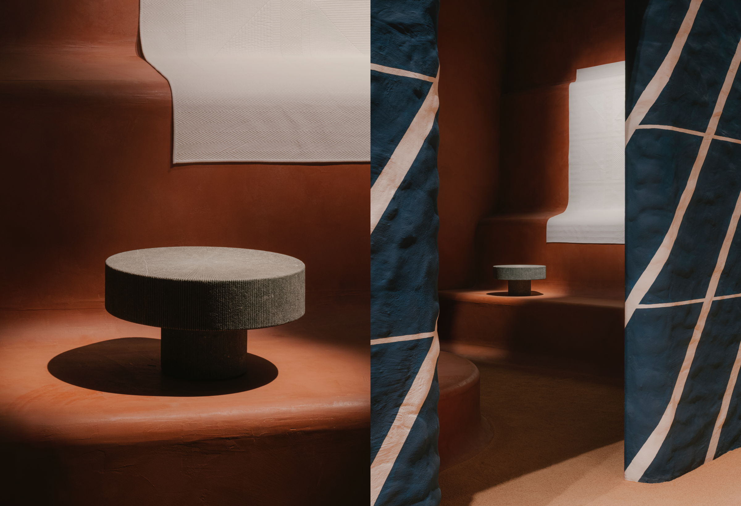 Bàn đá xanh Lignage d’Hermès đến từ Hainaut, Bỉ, được thiết kế bởi Studio Mumbai. Thiết kế kể về cuộc gặp gỡ giữa những nguyên liệu thô mộc và kỹ nghệ chế tác tinh tế. Vật liệu tạo nên chiếc bàn ban đầu có màu đen tuyền, sau đó dần chuyển sang sắc trắng trong quá trình khắc từng vạch thẳng nhằm tạo thành bề mặt rực sáng trên nền đá đen.